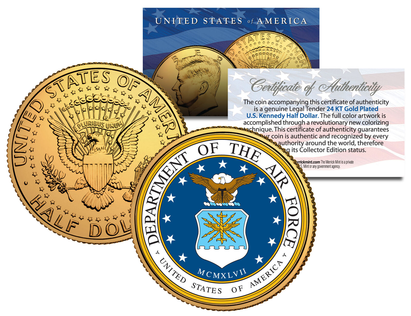United States AIR FORCE * Emblem * 24K Gold Plated JFK Half Dollar Coin MILITARY
