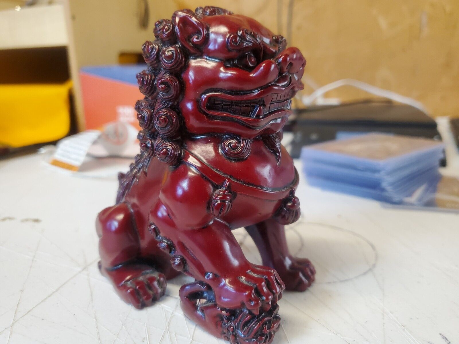 Red Resin Chinese Foo Dog Figurine Paperweight Protection Luck Vintage 
