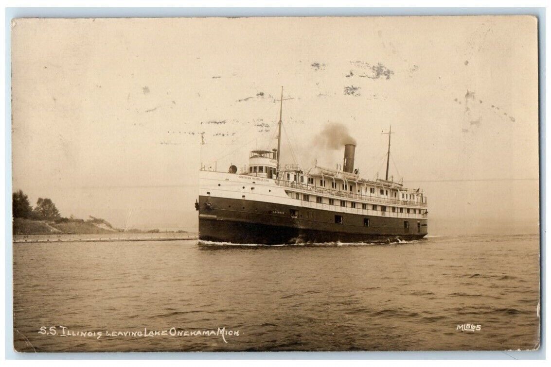 1916 SS Steamer Illinois Leaving Lake Onekama Michigan MI RPPC Photo Postcard