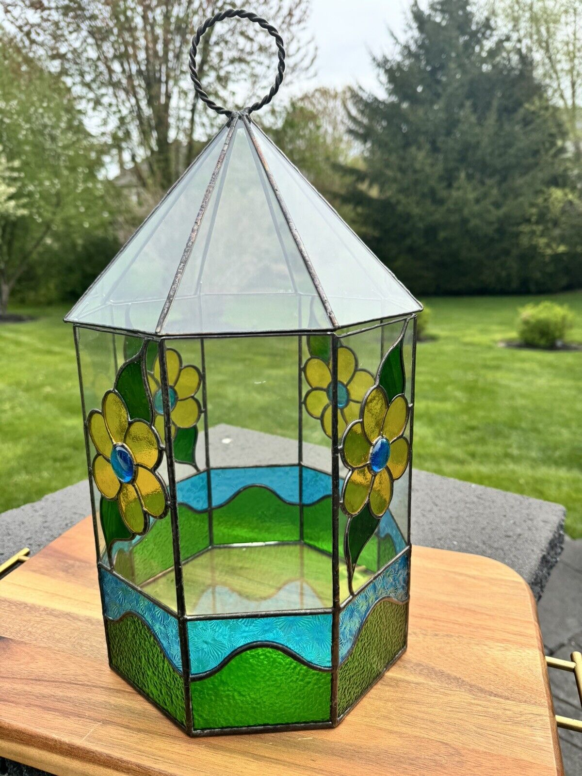 Vintage Stained Glass Terrarium  Table Top With Removable Top 20x9”