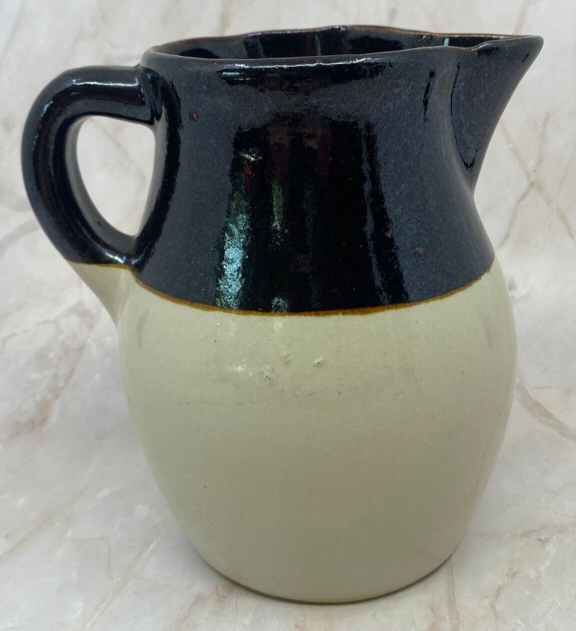 Vintage 6 in Brown and Tan Stoneware Crock Farmhouse Milk Water Pitcher Jug USA