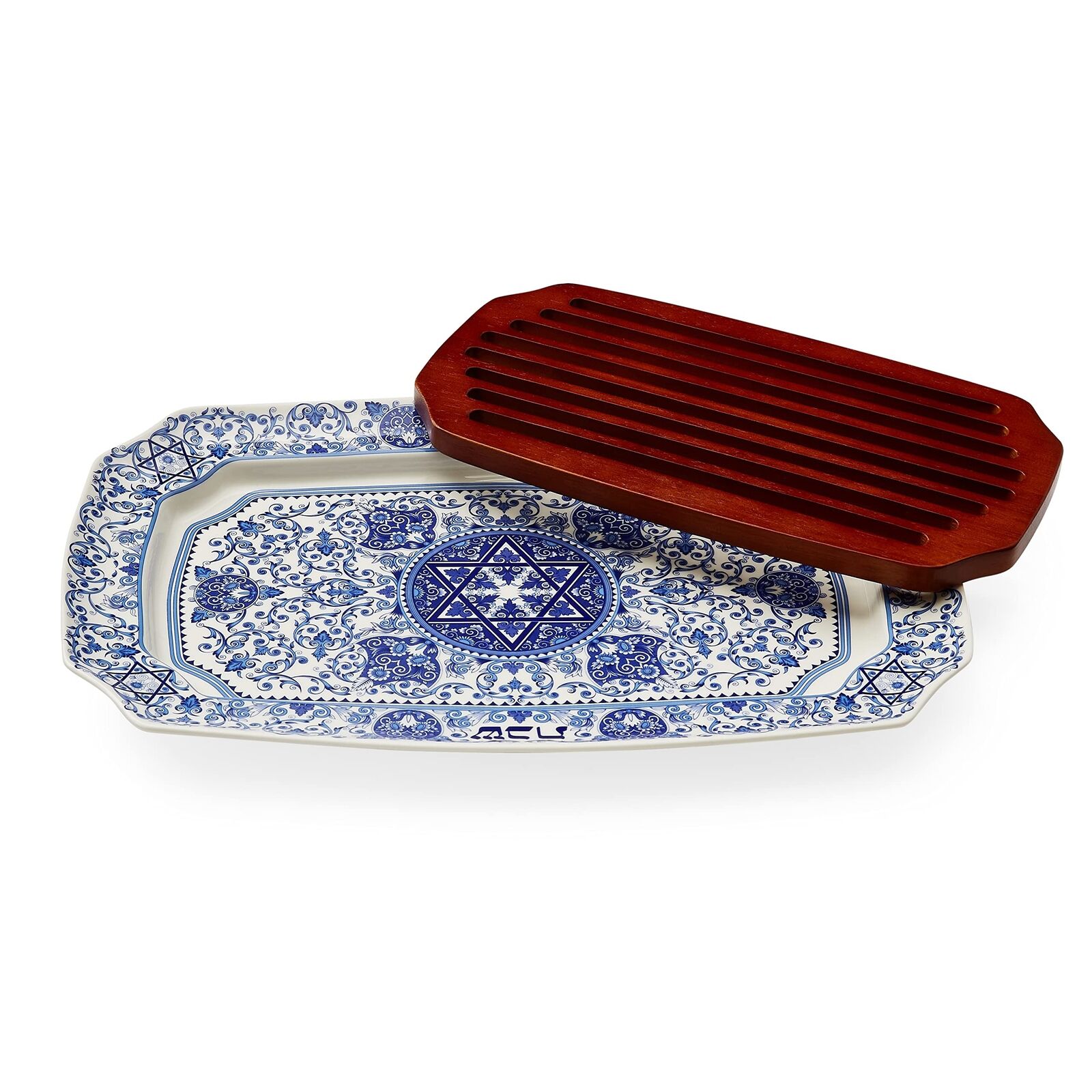 Spode Judaica Challah Tray with Wooden Insert | 17.5 Inch Large Bread Cutting...