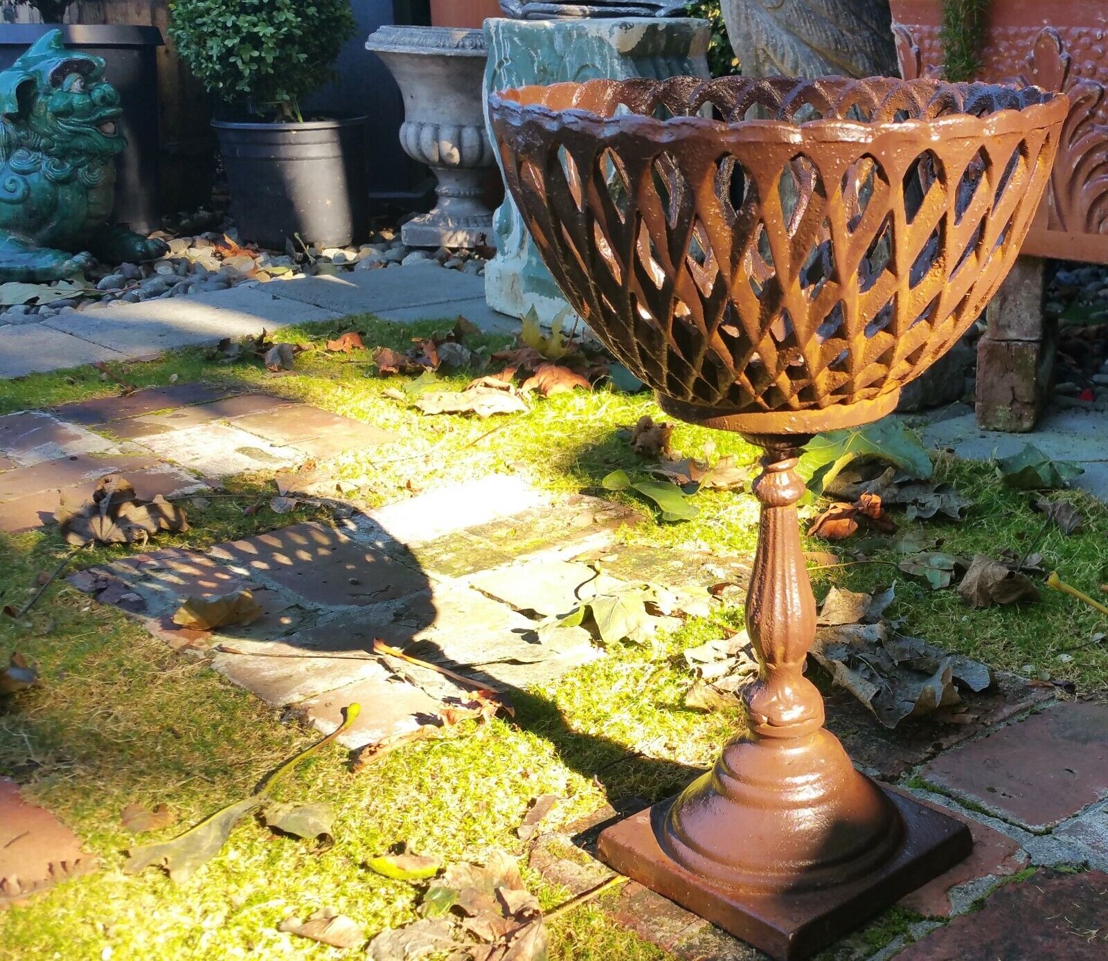 ANTIQUE CAST IRON GARDEN basket planter roman french vtg italian table sculpture