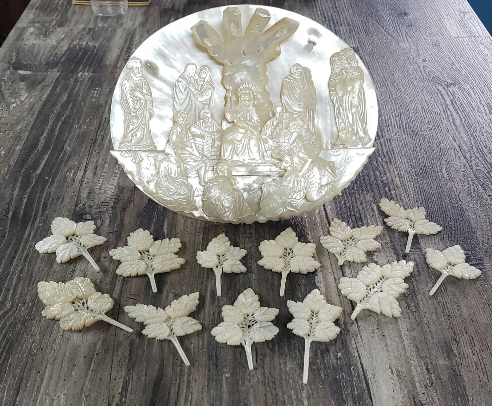 Rare Large Mother Of Pearl 3D Religious Scene Carving