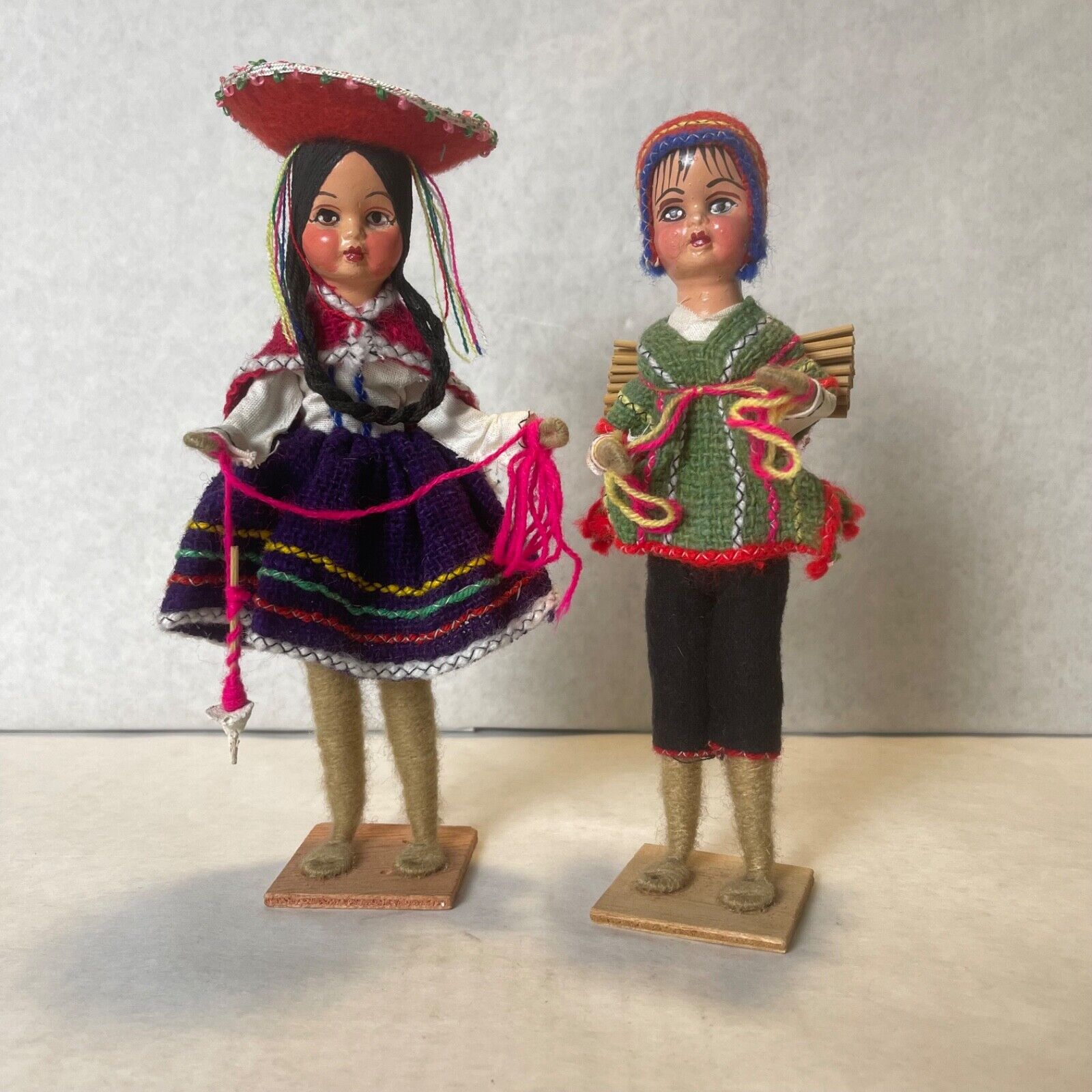Two Peruvian Thread Dolls Folk Art Handmade Colorful Traditional Dress Girl Boy