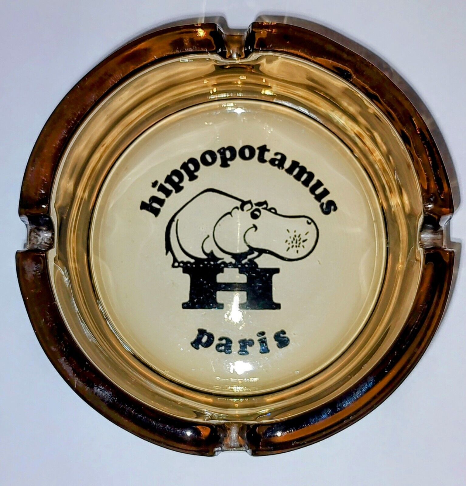 Vintage Glass Ashtray Hippopotamus Paris Smokey Amber Collectible Rare Retro LNC