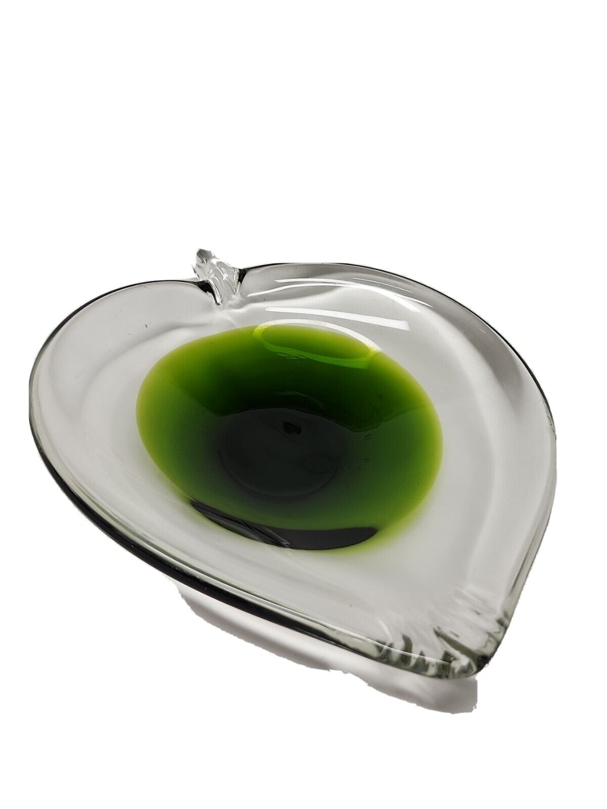 Art Deco Green / Clear Glass Apple Shaped Ashtray Trinket Dish 8-3/4\
