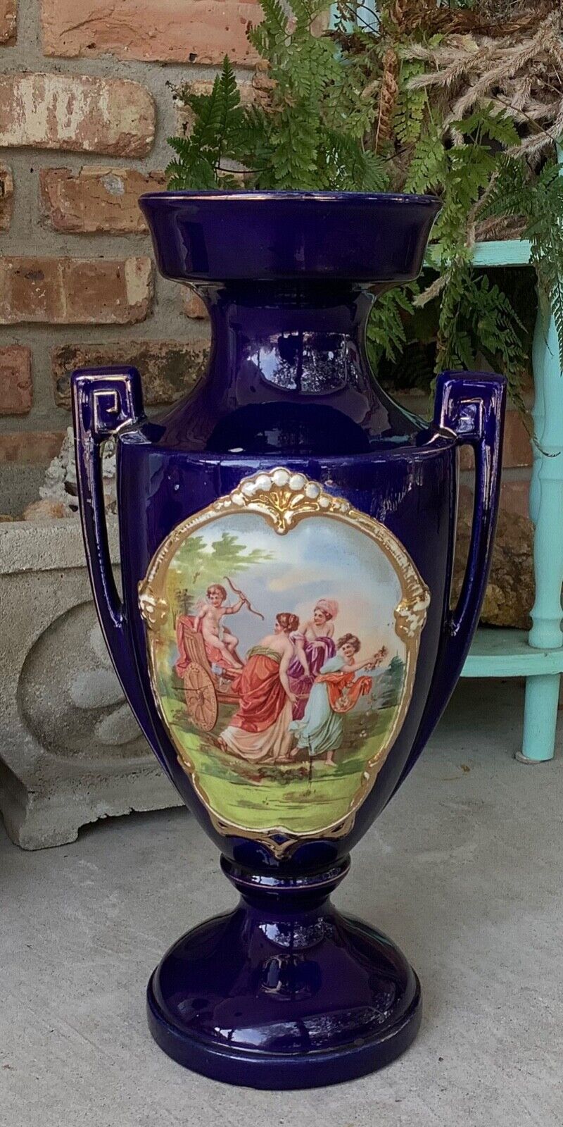vintage cobalt porcelain victorian vase ladies and cupid 