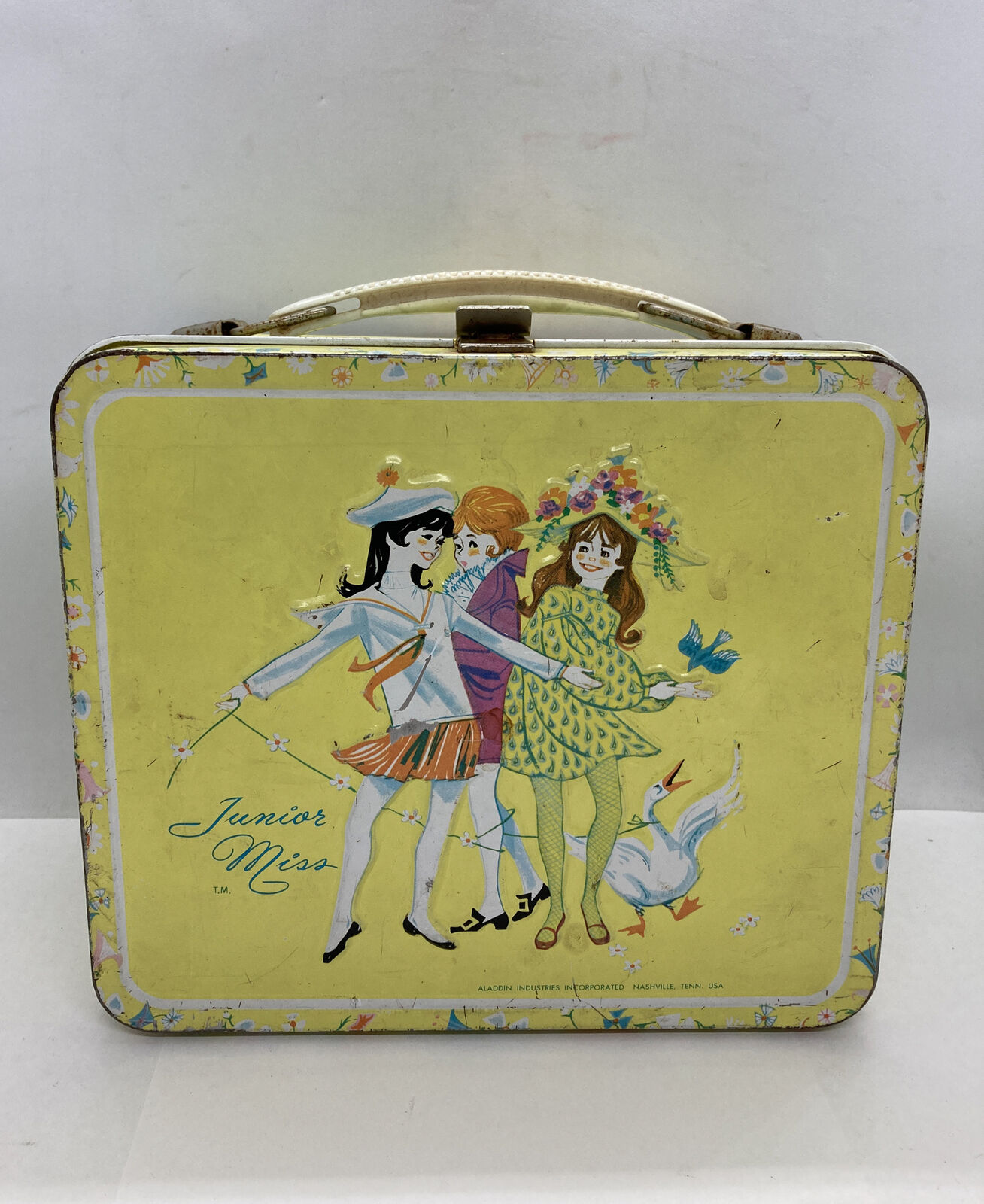 JUNIOR MISS Lunch Box 1971 Aladin Metal Embossed  Yellow No Thermos Empty