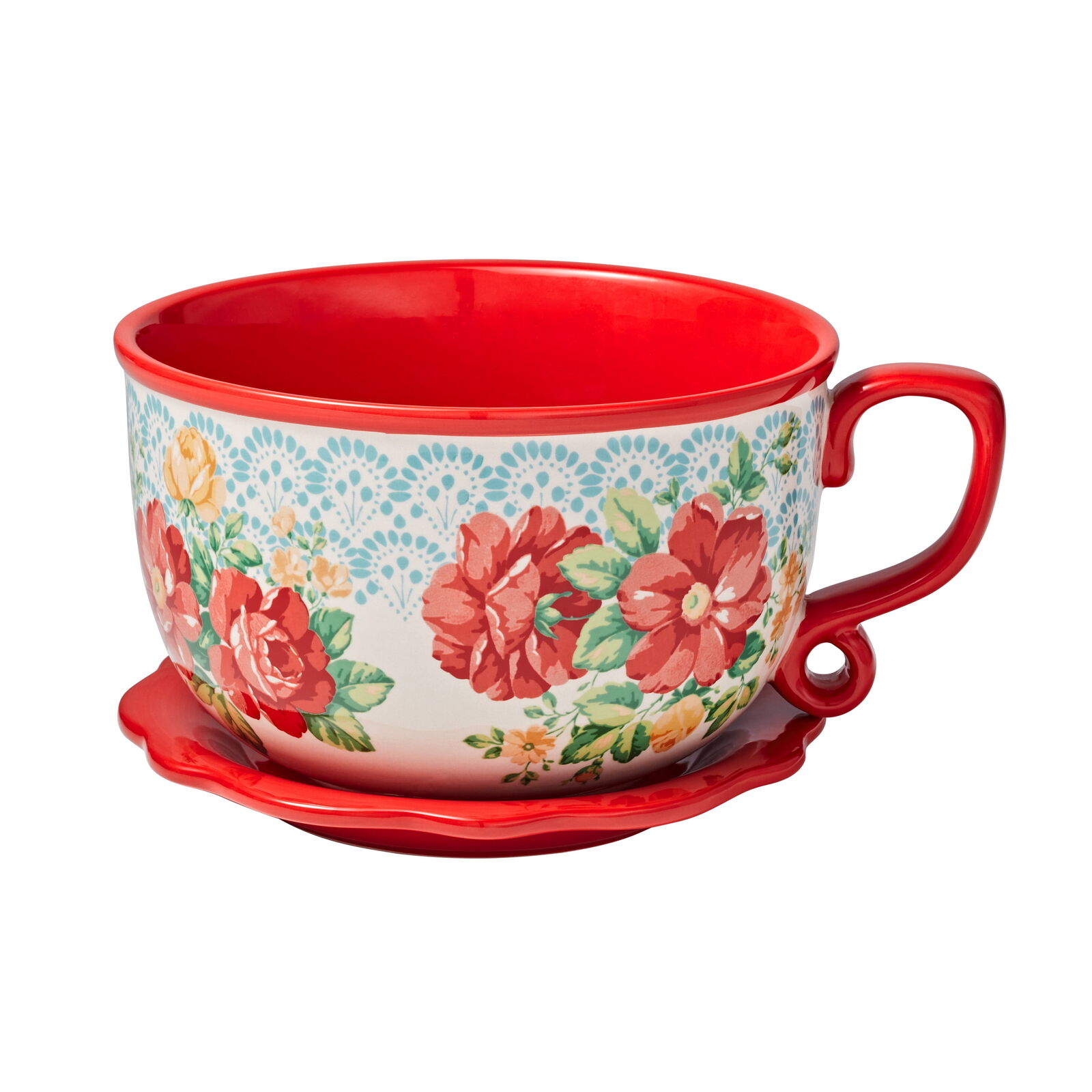 Woman Vintage Floral 8-Inch Tea Cup Ceramic Planter, Red