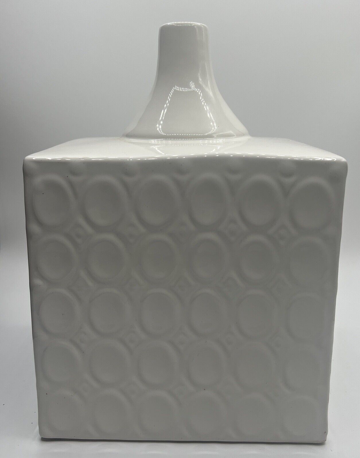 Vintage White Ceramic Mod Geometric Cube Vase Oval Print Glazed 8x8 Square Box