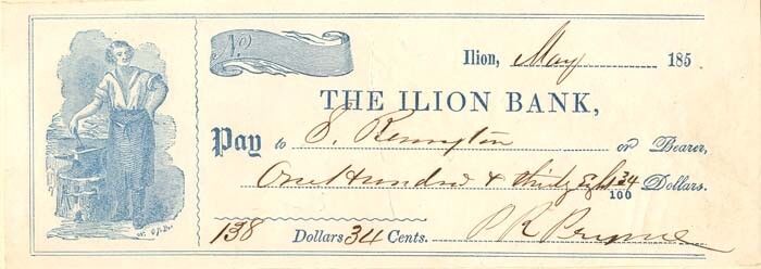Ilion Bank check written out by Samuel Remington - Autographs of Famous People
