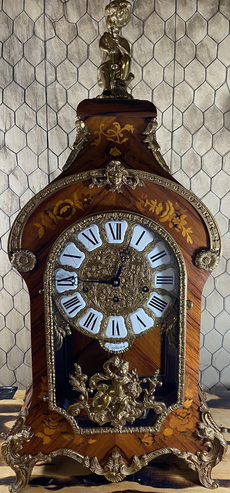 TIFFANY Louis XV Boulle Style Inlay Bronze Mantle Clock RUNNING Cherub