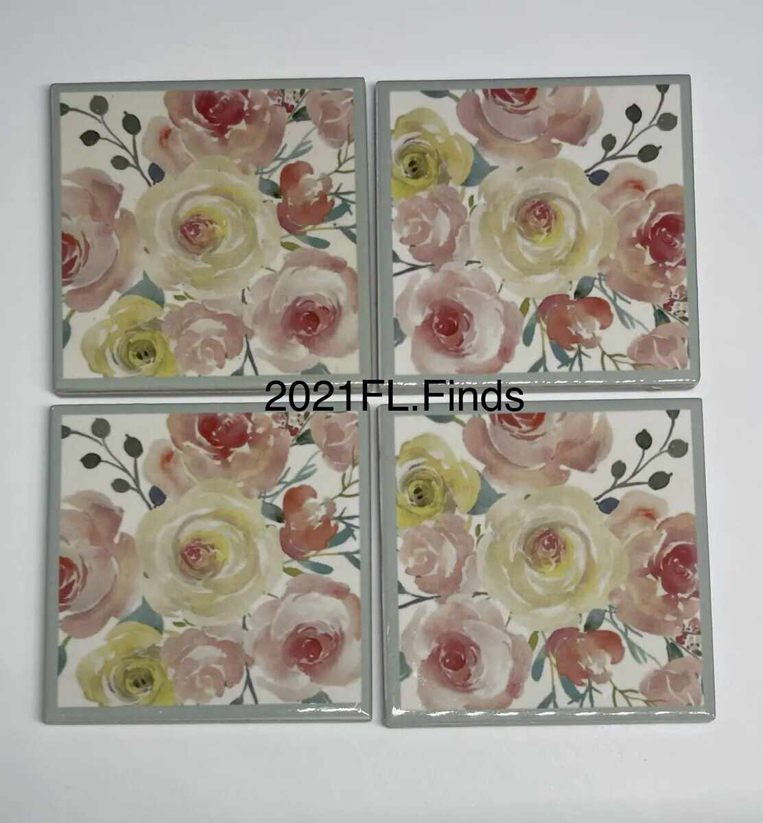 Floral Ceramic Coasters | Tile Coasters |Flower Ceramic Coasters Set of 4