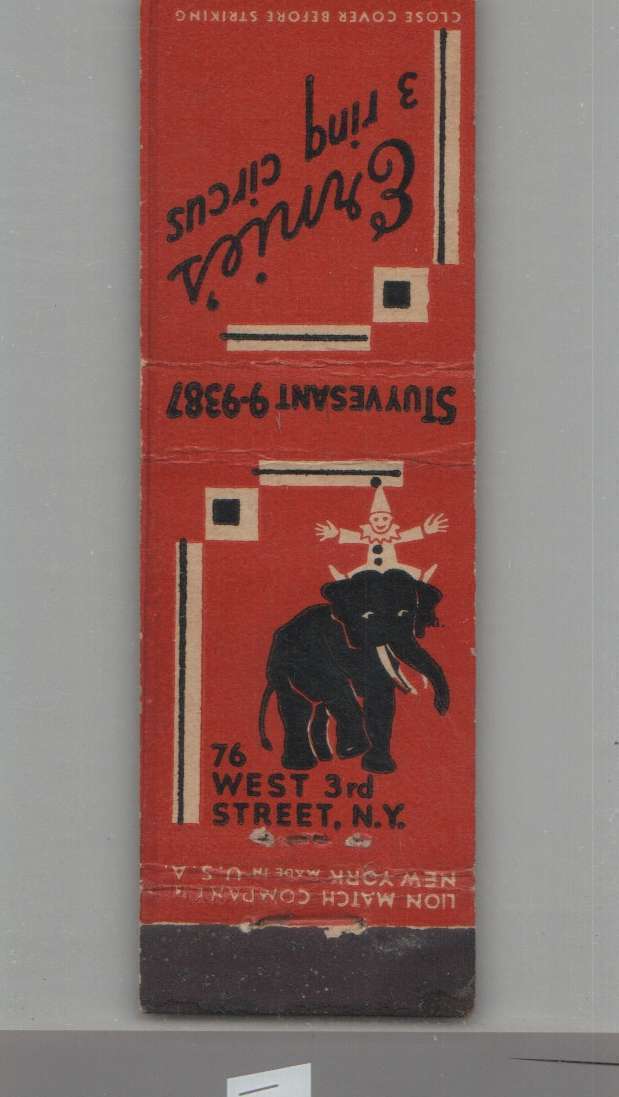 Matchbook Cover - Elephant - Ernie\'s 3 Ring Circus New York, NY - MIDGET SIZE