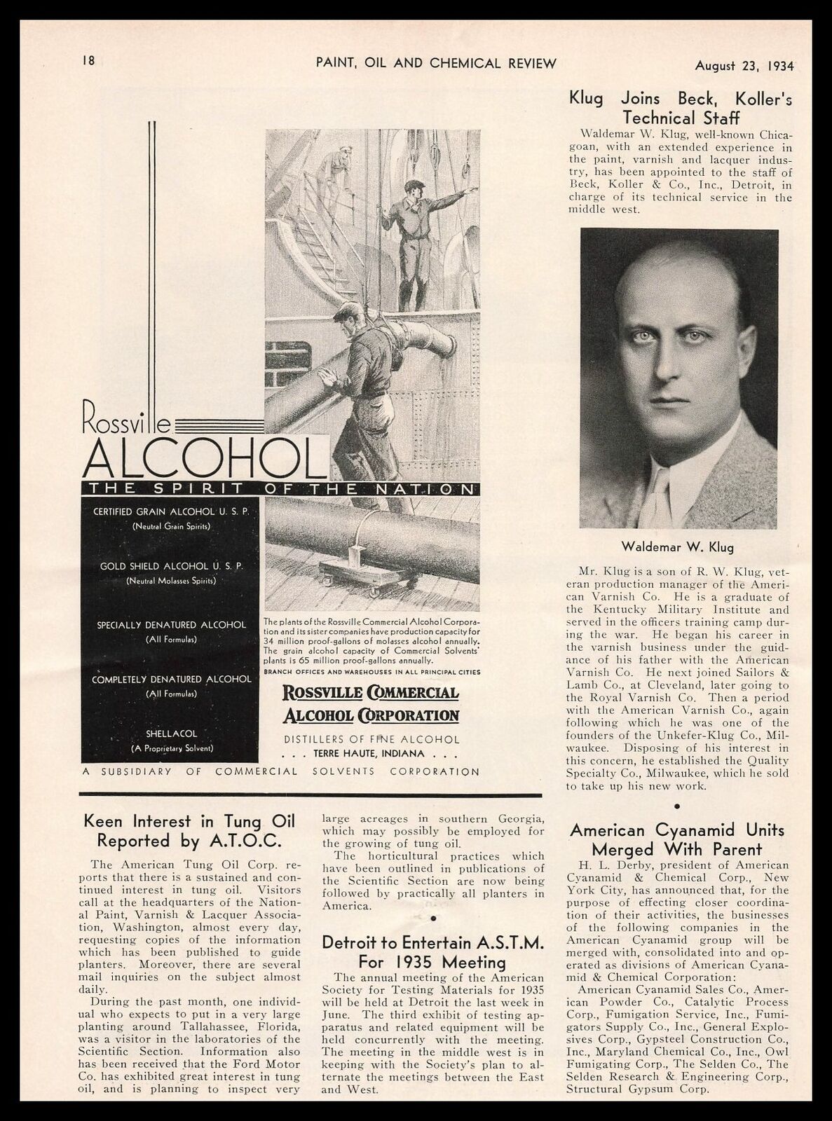 1934 Roseville Commercial Alcohol Corporation Terre Haute Indiana Print Ad