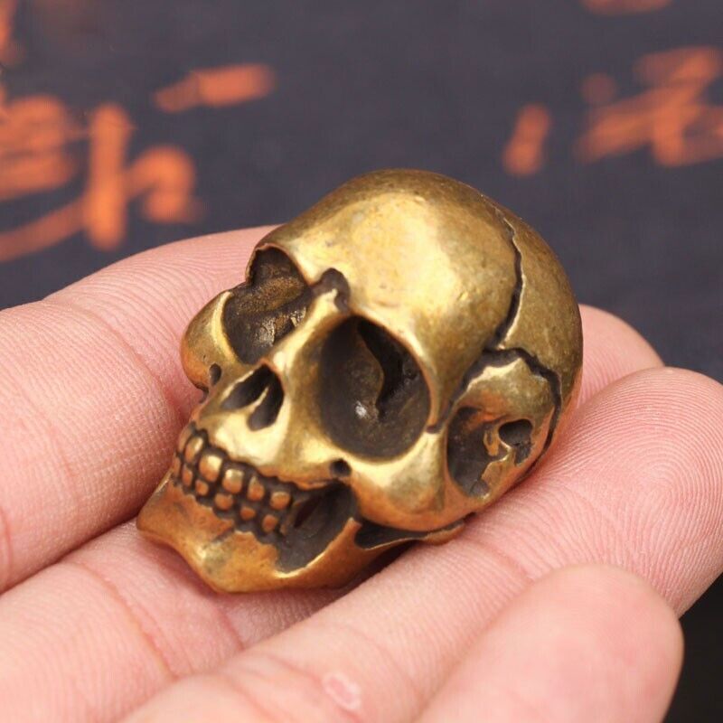 Solid Brass Skull Head Figurine Ornament Punk HipHop Skeleton Miniature EDC Gift