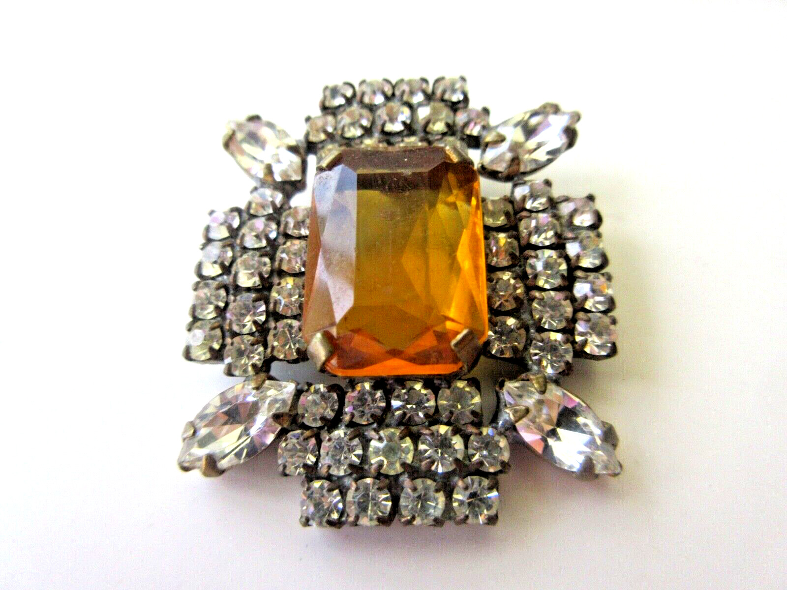 Magnificent Czech Vintage Glass Rhinestone Button   Crystal and w/c Amber