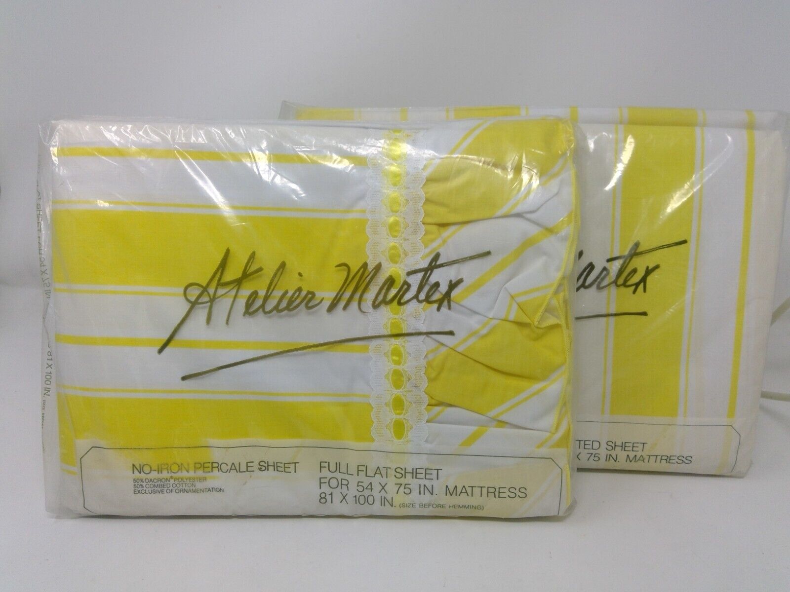 Vintage Yellow & White Striped Atelier Martex Percale Full Flat & Fitted Sheets