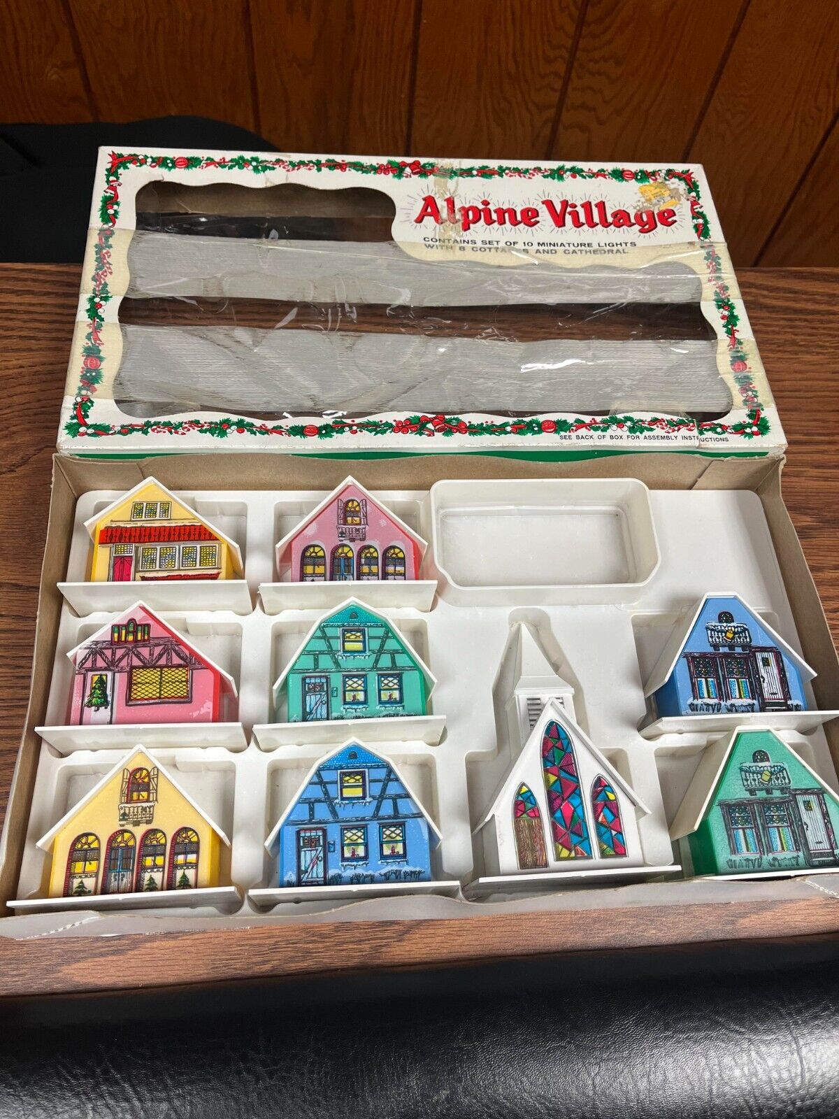 MCM Vintage 1970s Alpine Village Christmas Set #1555 With Houses / church & box