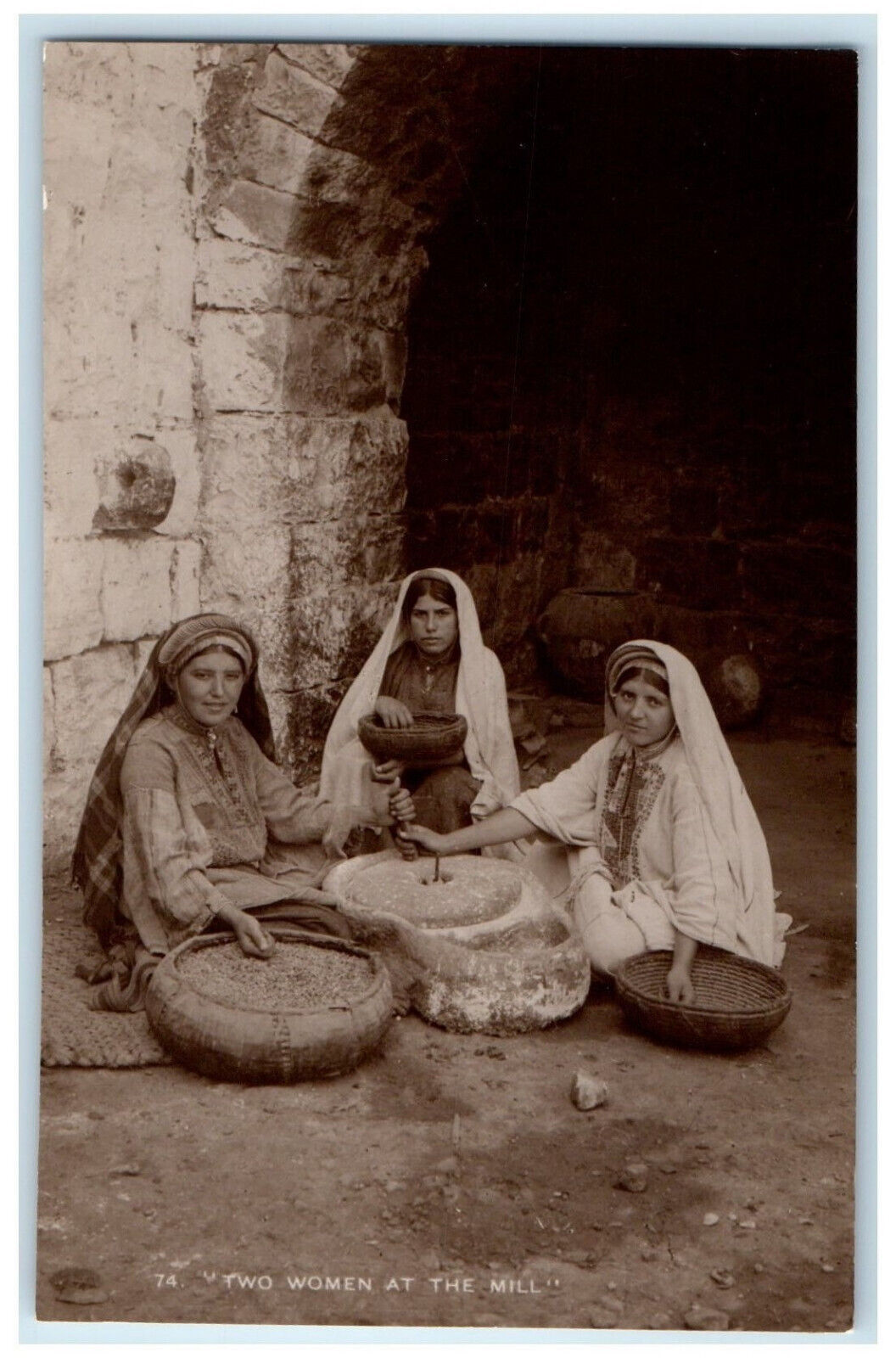 Greetings from Palestine RPPC Photo Postcard Two Women at the Mill c1940's