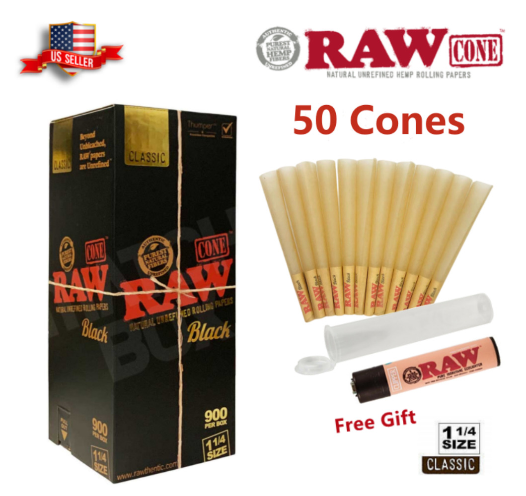 Authentic RAW Black 1 1/4 Size Pre-Rolled Cone 50 Pack & Free Clipper Lighter