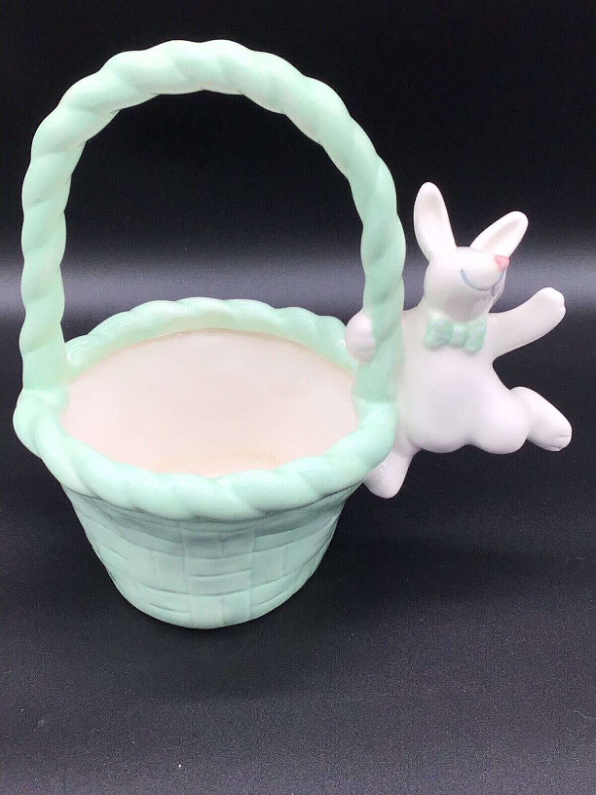 Vintage Teleflora  Ceramic Planter Mint Green Basket with White Bunny 9”