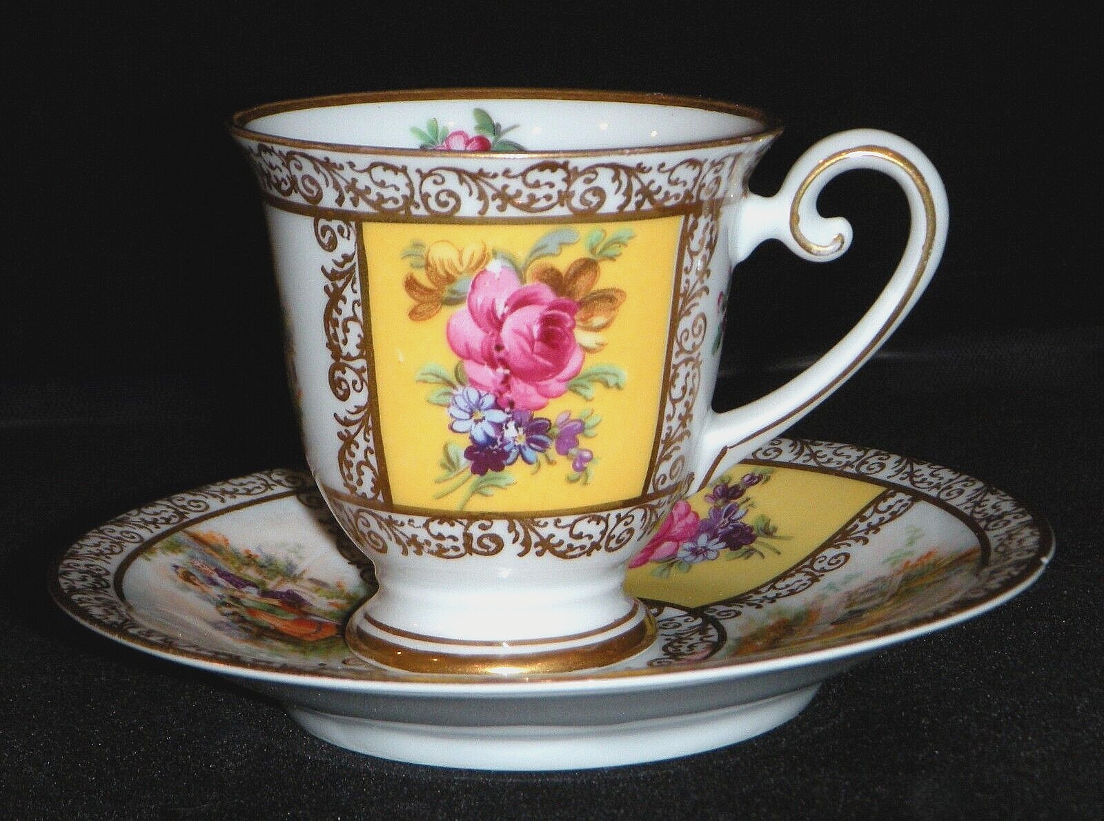 Schumann Royal Bavarian \'Dresdner Art\' Yellow Panels Demitasse Cup & Saucer Set