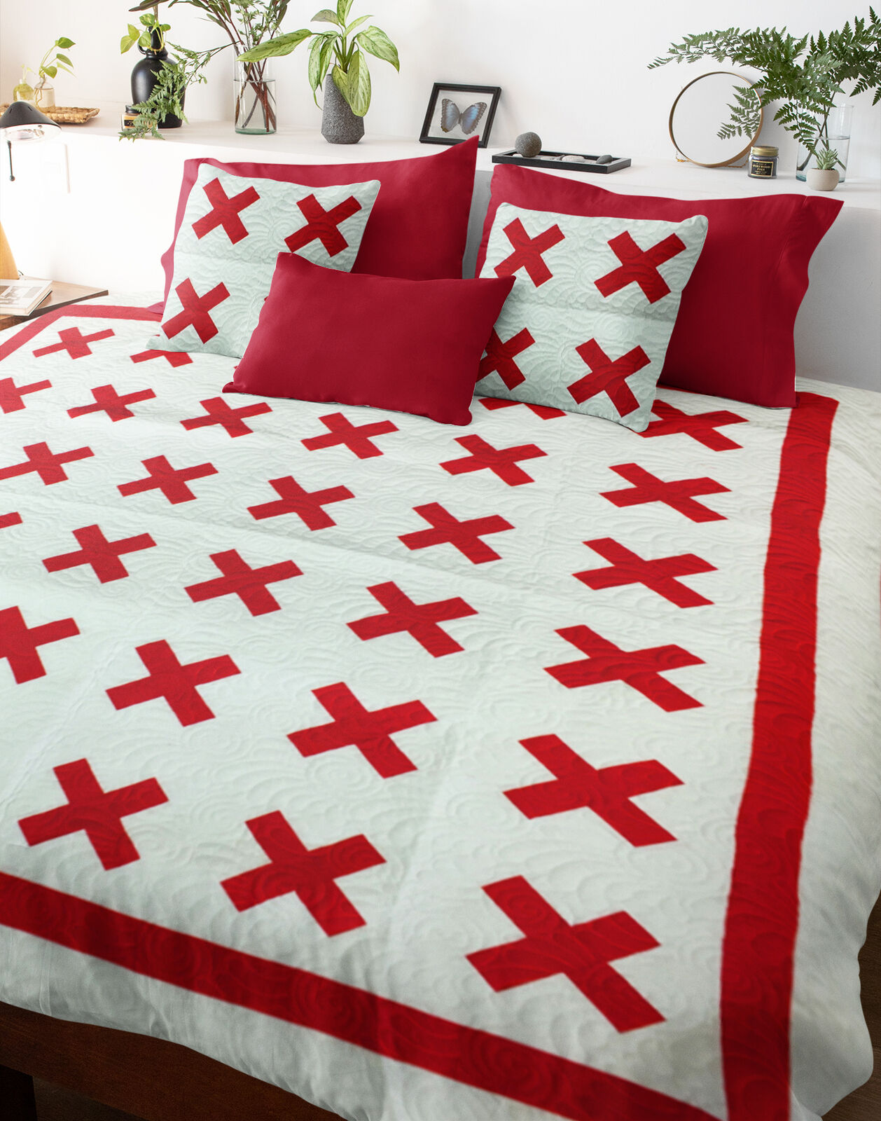 Red & White Red Cross Design FINISHED QUILT - Intricate feathers