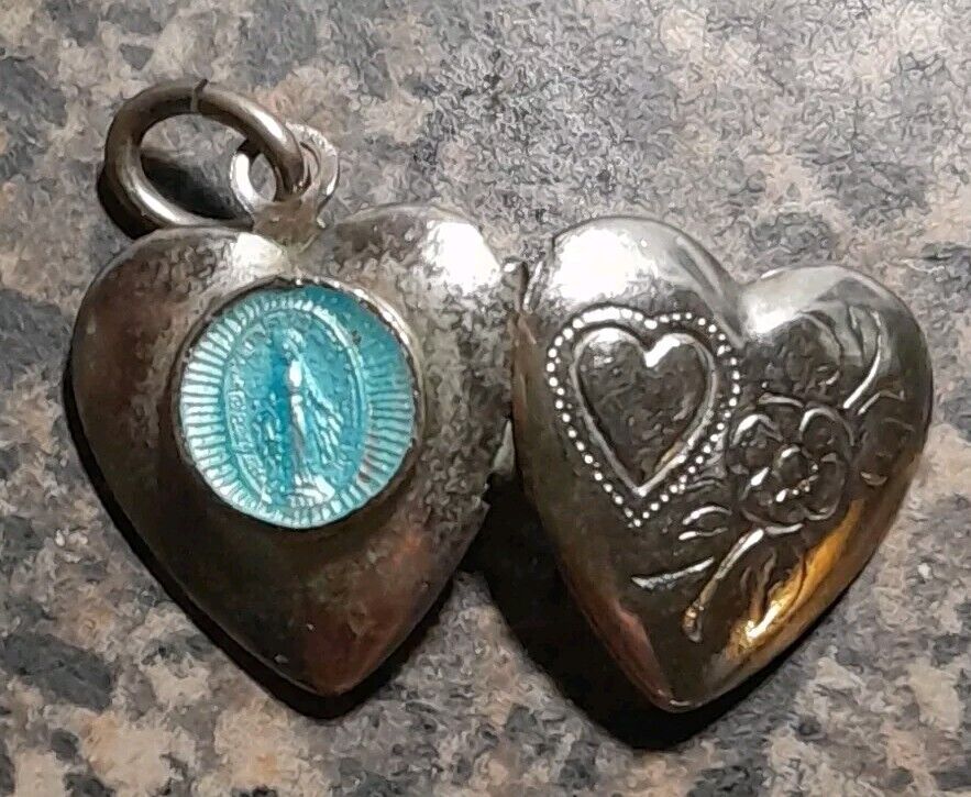 Vintage Blessed Virgin Mary Blue Enamel Heart Locket Medal 