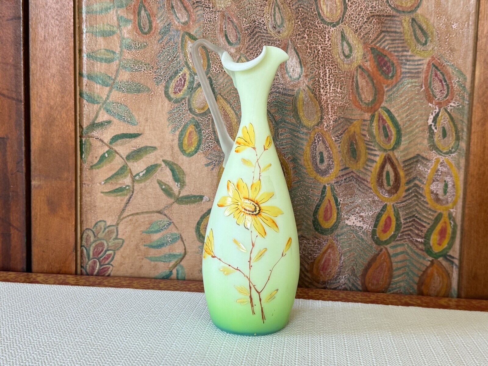 Antique Victorian Hand Painted Yellow Opaline Satin Floral Handblown Glass Vase