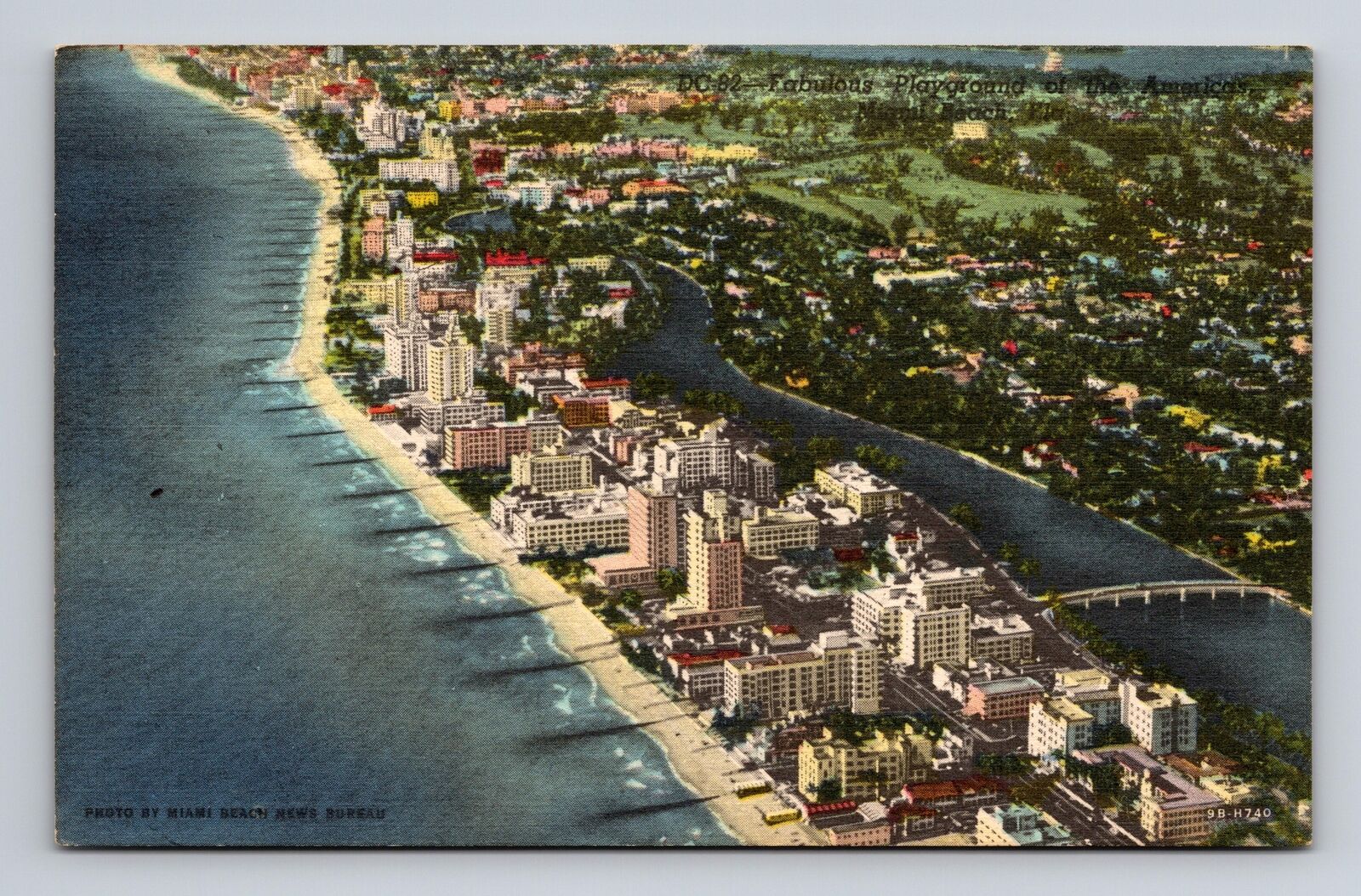 c1949 Linen Postcard Miami Beach FL Aerial Birds Eye View