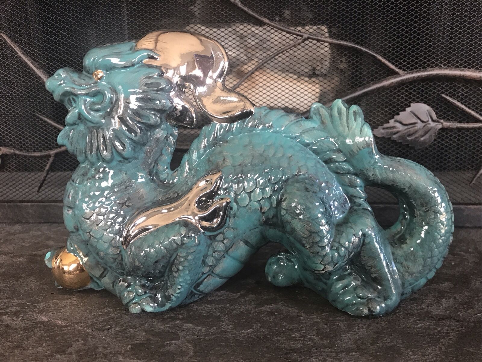 Porcelain Dragon Figurine Vintage Rare Asian Antique Feng Shui Turquoise Statue