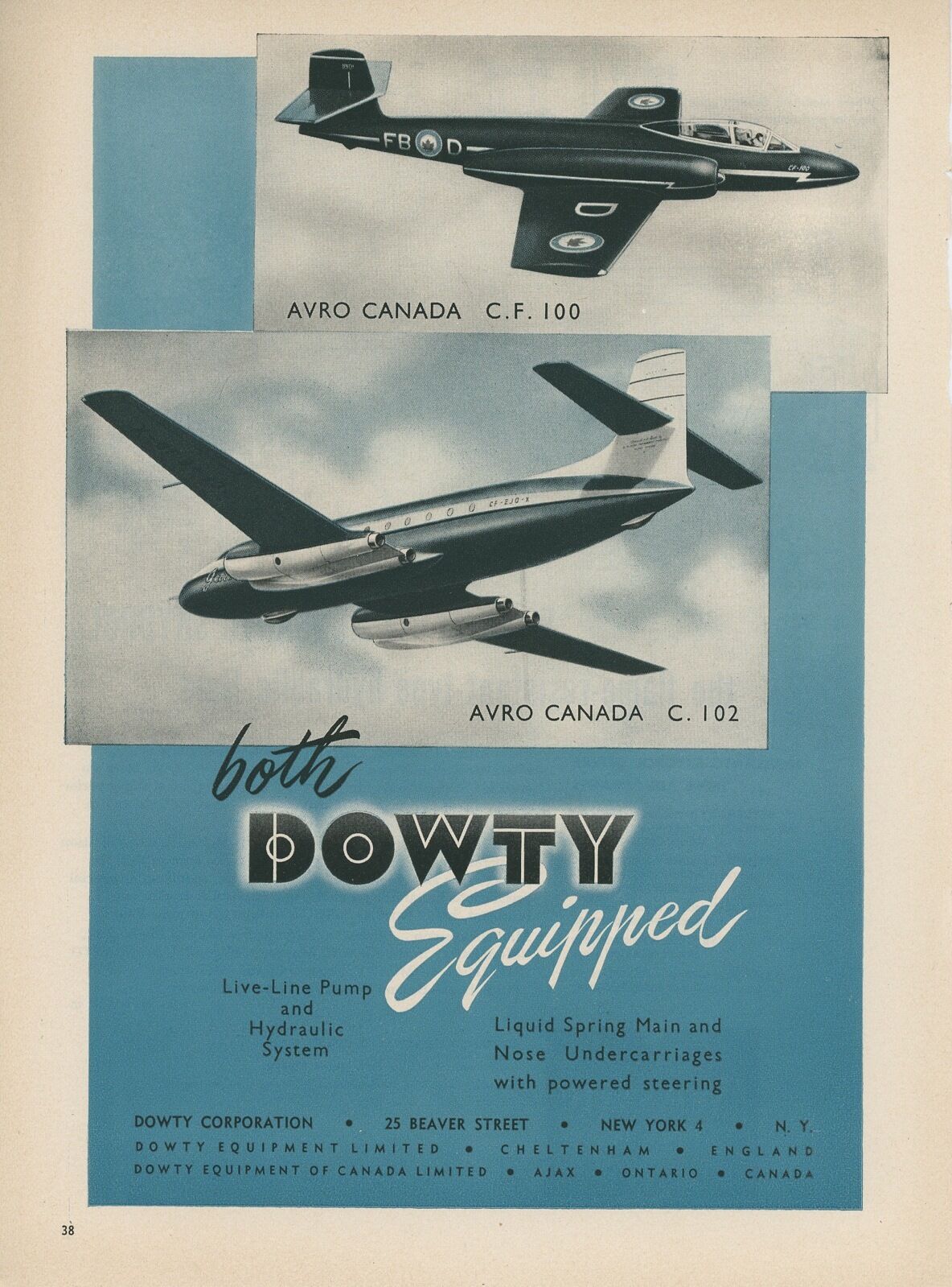 1950 Dowty Equipment Ad AVRO Canada CF100 & C102 Canadian Royal Air Force