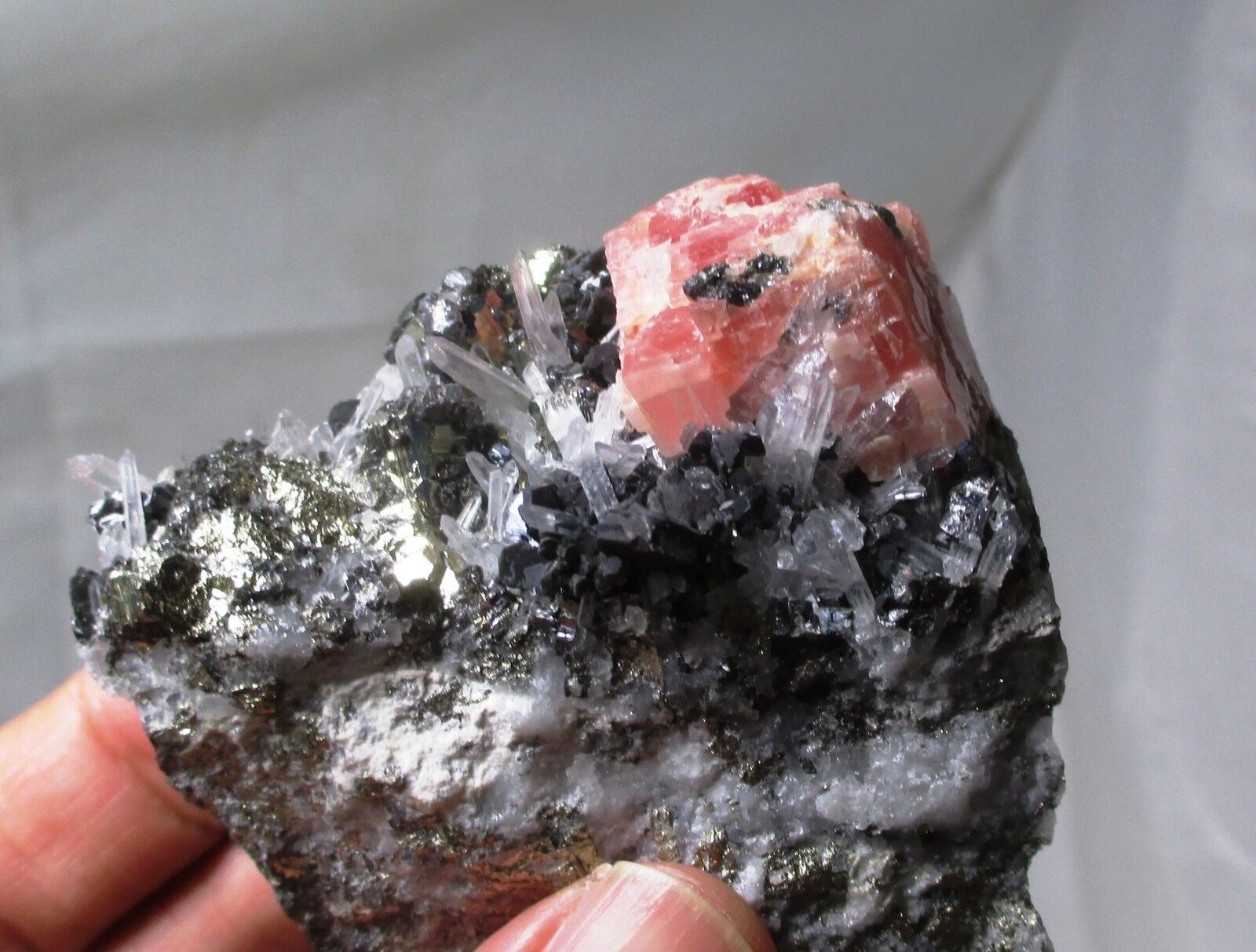 Sweet Home Rhodochrosite on matrix + quartz + pyrite - Alma, Colorado 