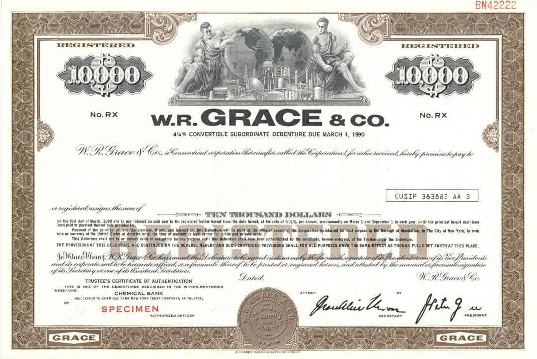 W.R. Grace and Co. - 1899 Various Denominations Specimen Bond - Specimen Stocks 