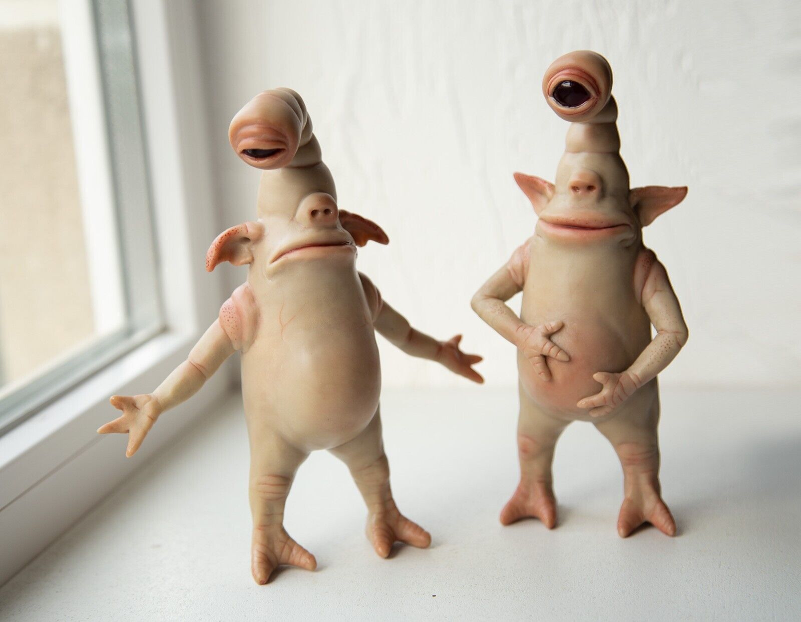 Pair of cyclops-goblins funny brothers, sad and happy weird ooak cyclops goblins