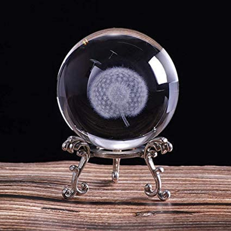 Crystal 2.4 Inch (60Mm) Carving Dandelion Crystal Ball with Sliver-Plated Flower