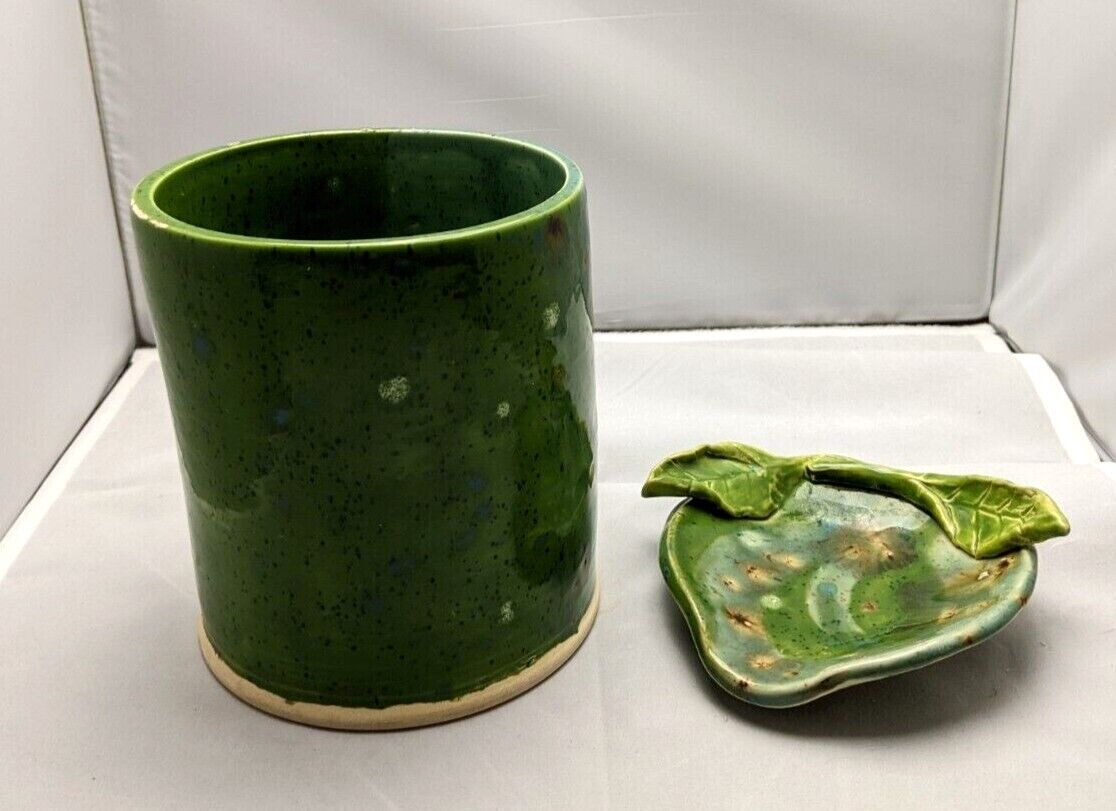 Handcrafted Pottery Utensil Canister and Spoon Rest Green Artisan Signed 