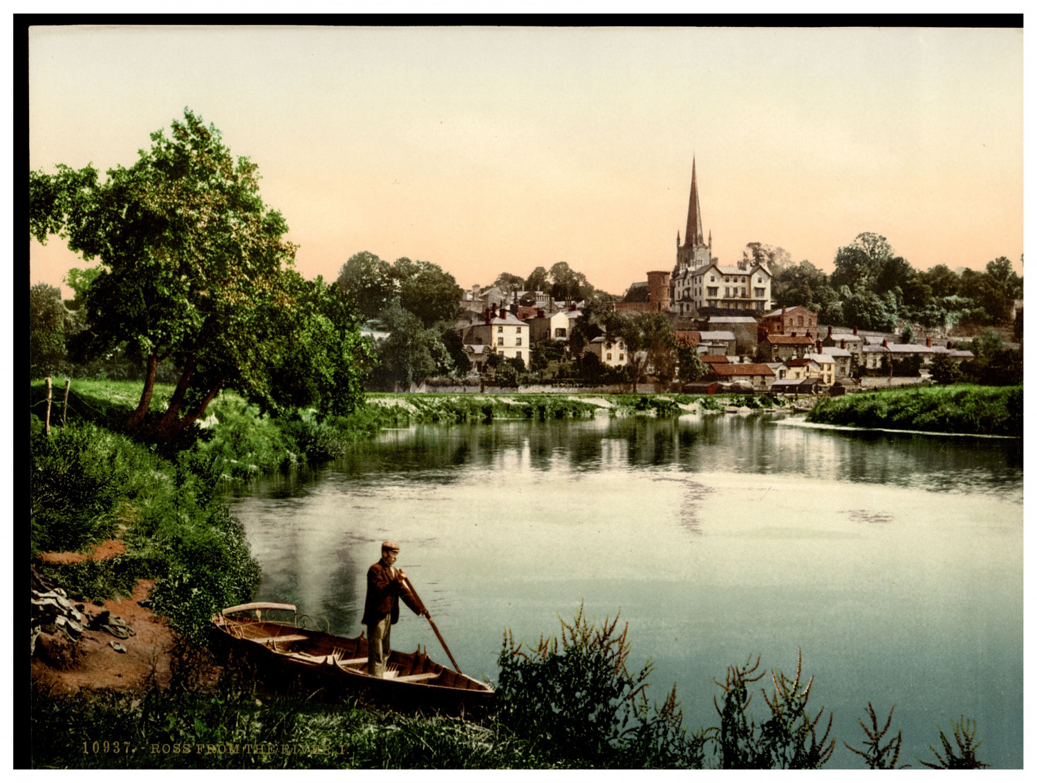 England. Wye Valley. Ross from the River I. Vintage Photochrome by P.Z, Photoc