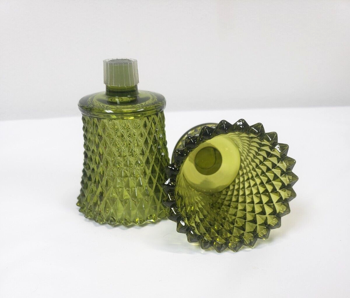 2 Home Interior Homco Green Diamond glass Votive Peg Candle Holders 3.75in