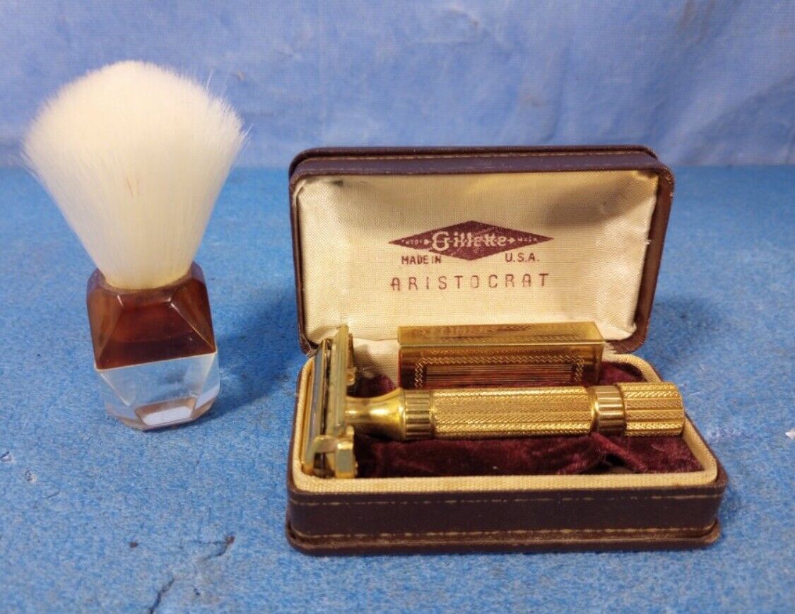 Vintage 1940's Gillette Gold Aristocrat Safety Razor w/ Case And Shaving Brush