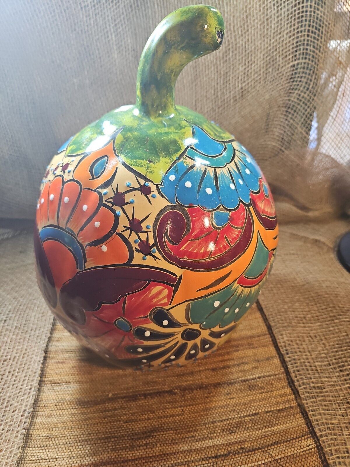 Talavera Pumpkin Mexican  Folk Art Gourd XL Life Size 16