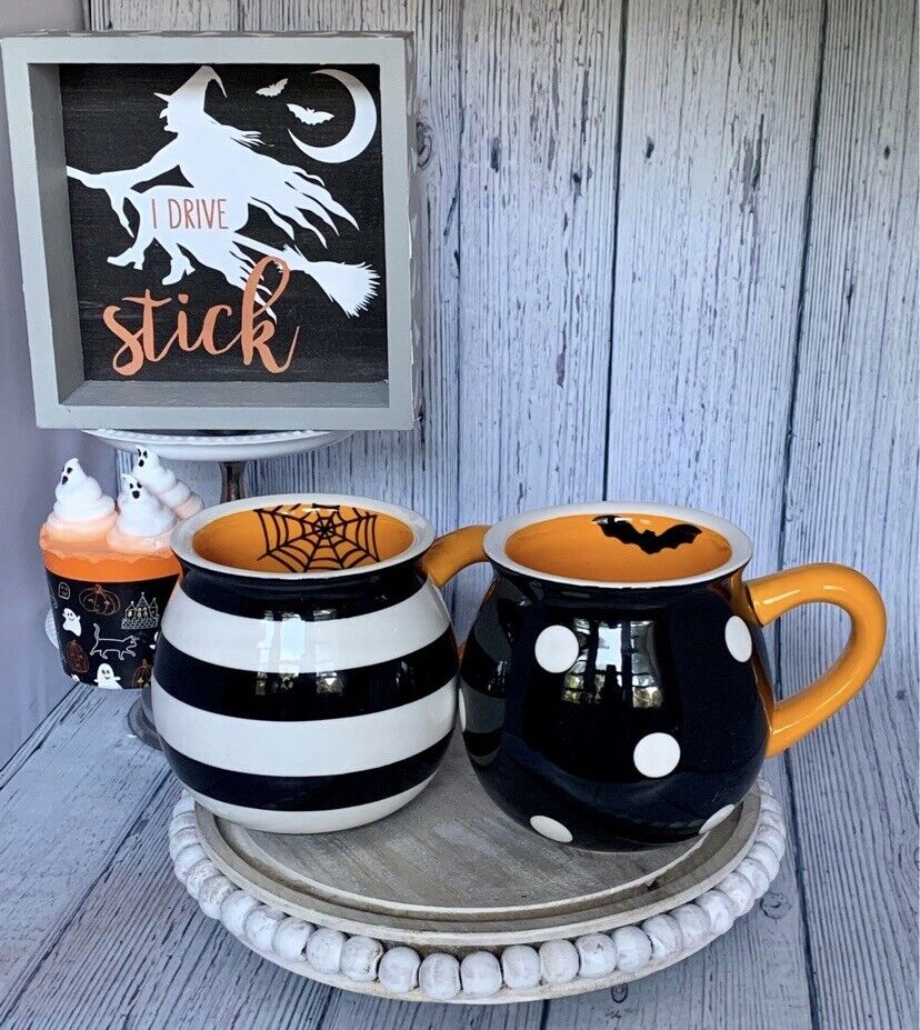 Terramoto Ceramic Halloween Cauldron Mugs Set Spider Web & Bat Designs Set of 2
