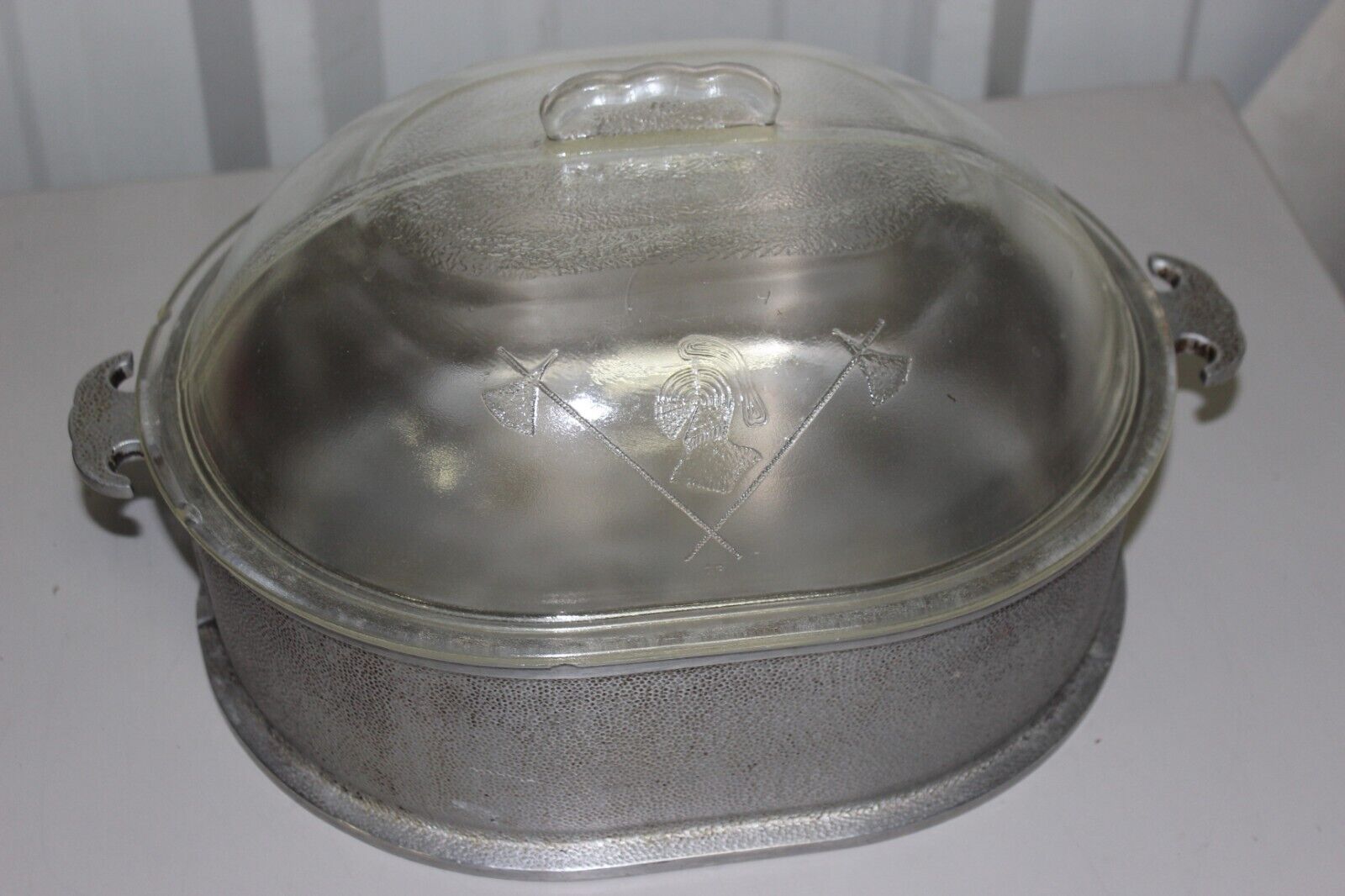 Vintage Guardian Service Ware Hammered Aluminum Oval Roaster W/ Glass - 12x10x4