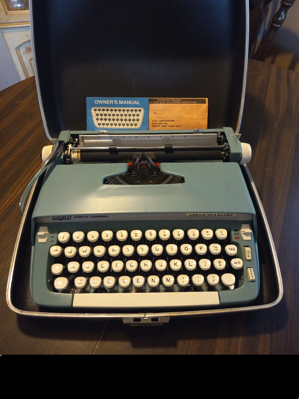 Vintage Smith Corona Super Sterling Blue Typewriter w Hard Case 