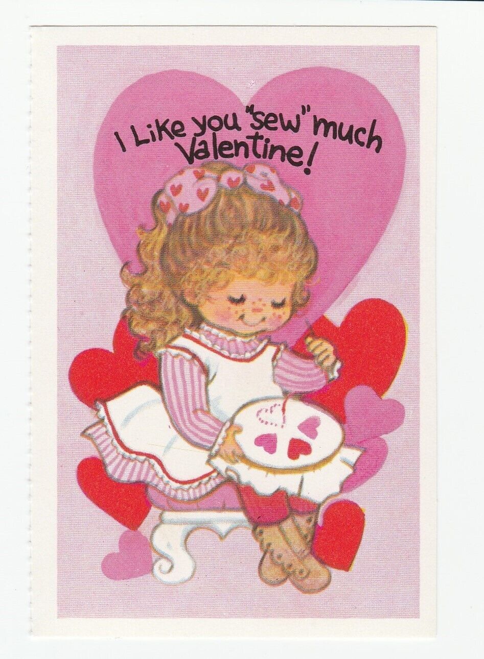 Vintage Valentine Card Sewing Girl Embroidery Unused with Envelope