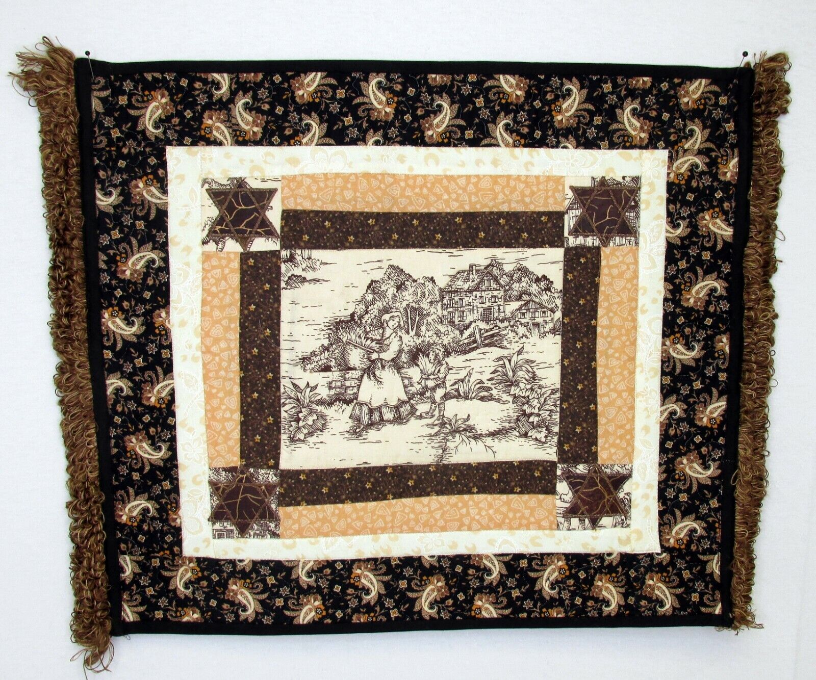 Brown Toile Farming Quilted Wall Hanging Mini Quilt Decoration Table Topper