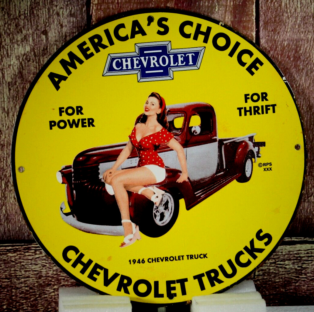 CHEVROLET, AMERICA\'S CHOICE 1946 TRUCKS SIGN  PORCELAIN COLLECTIBLE, RUSTIC