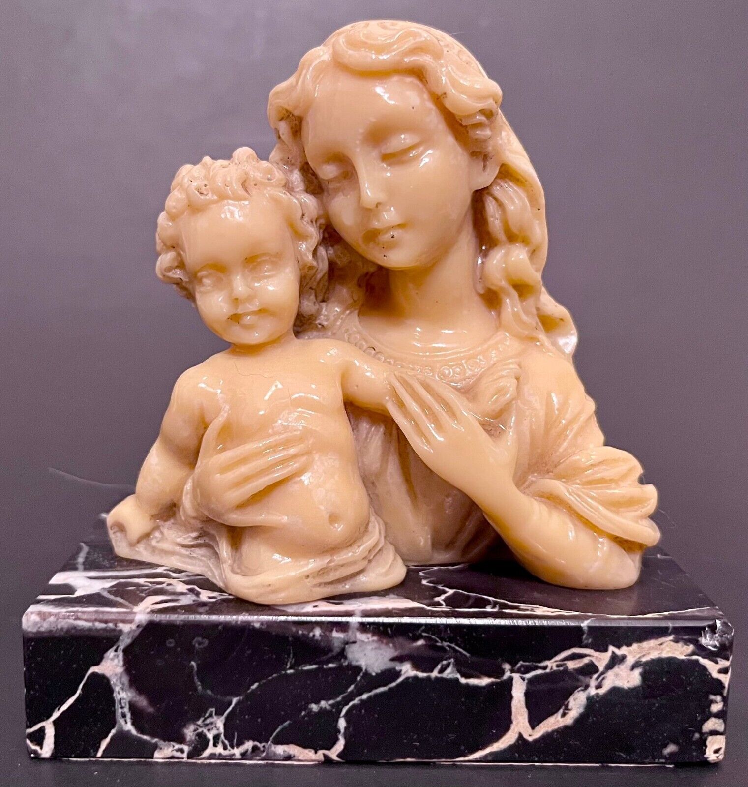Madonna Mary & Child Jesus Figurine  Marble Base 2 3/8 X 4 X 4 1/2 H Mafrked 704